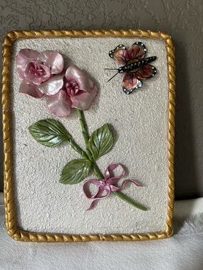Handmade wall hanging, wood back porcelain florals and butterfly   Wagon box